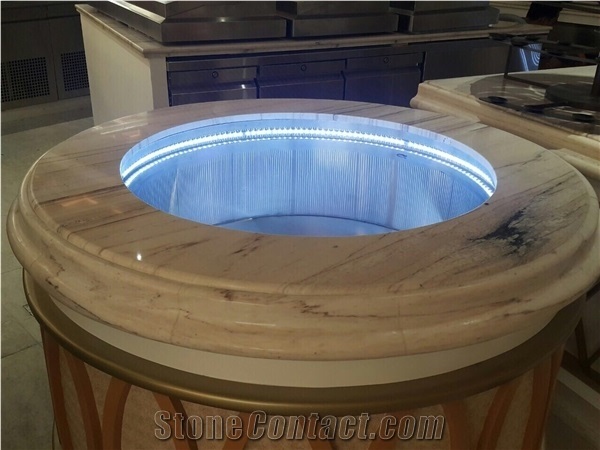 White Marble Buffet Round Table Top Design, Reception Desk Counter, Work Tops