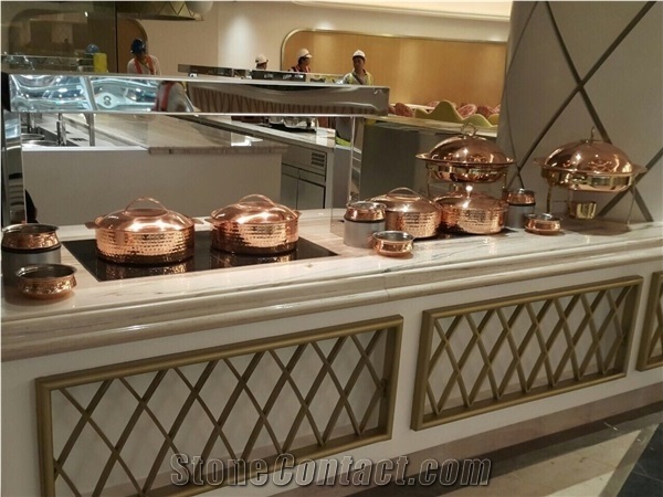 White Marble Buffet Round Table Top Design, Reception Desk Counter, Work Tops