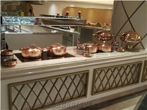 White Marble Buffet Round Table Top Design, Reception Desk Counter, Work Tops