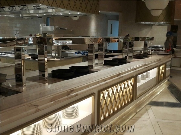 White Marble Buffet Round Table Top Design, Reception Desk Counter, Work Tops