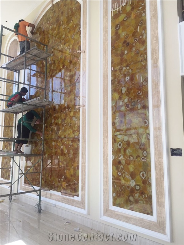 Yellow Gemstone Semi Precious Stone Slabs for Panels Wall Tiles