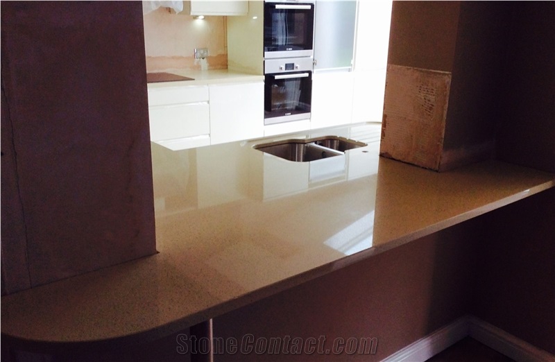 Sandstorm Quartz Work Top with a Recess Drainer for a Kitchen in Leigh