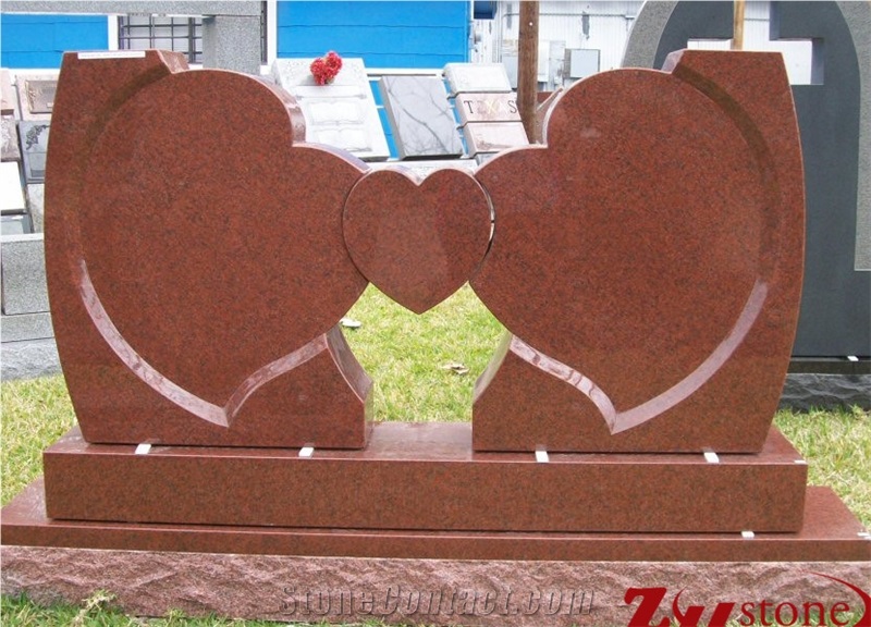 Polished Custom Heart Design with Two Bases Indian Red/ Imperial Red Granite Upright Double Headstone