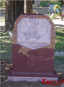 Unique Design Drogan Carving Indian Red/ Imperial Red Granite Single Upright Tombstone Design