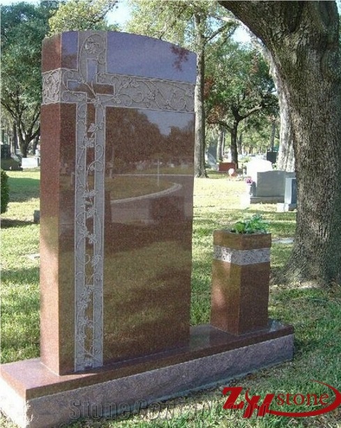 Western Style Cross Engraving Upright Double Bases Indian Red/ Imperial Red Granite Monument