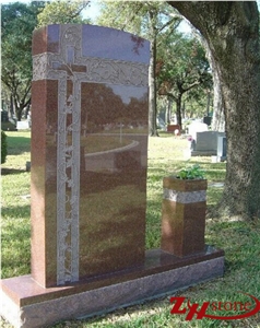 Western Style Cross Engraving Upright Double Bases Indian Red/ Imperial Red Granite Monument