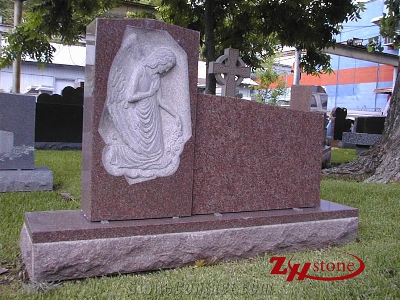 Western Style Cross Engraving Upright Double Bases Indian Red/ Imperial Red Granite Monument