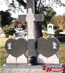 Western Style Double Heart with Cross Dark Gray/ G654/ Sesame Gray Granite Double Upright Monument