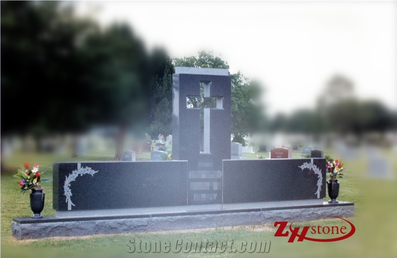 Western Style Double Heart with Cross Dark Gray/ G654/ Sesame Gray Granite Double Upright Monument