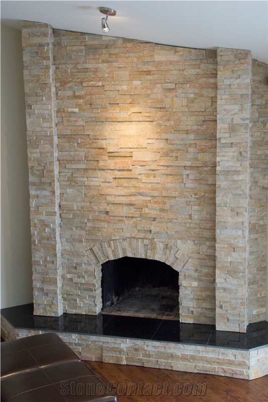 Beige Quartzite Ledge Stone Fireplace Surround