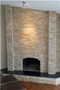 Beige Quartzite Ledge Stone Fireplace Surround