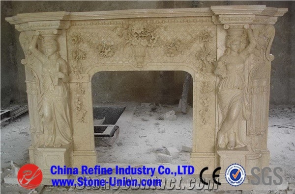 Beige Limestone Carved Fireplace,Fireplace Design Ideas,Fireplace Decorating,Fireplace Surround,Natural Stone Fireplaces