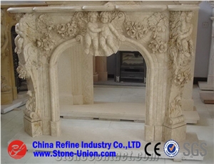 Beige Limestone Carved Fireplace,Fireplace Design Ideas,Fireplace Decorating,Fireplace Surround,Natural Stone Fireplaces