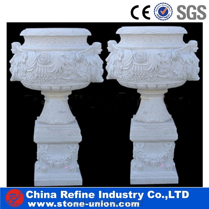 Hand Carved Garden Stone Planter Pot Sets,Outdoor Sculpture Flower Stand Exterior Vases