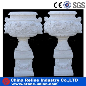 Hand Carved Garden Stone Planter Pot Sets,Outdoor Sculpture Flower Stand Exterior Vases