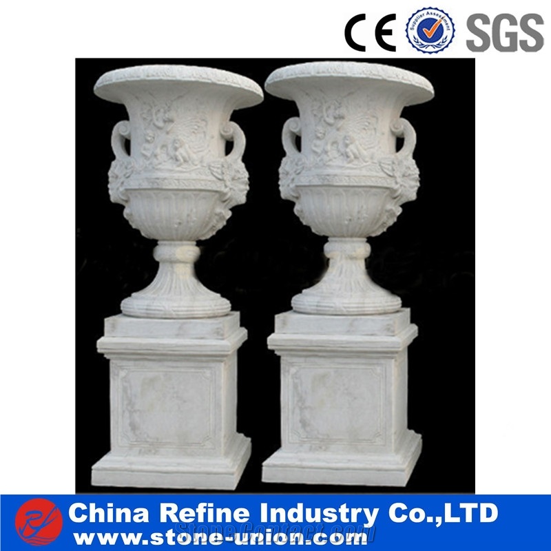 Hand Carved Garden Stone Planter Pot Sets,Outdoor Sculpture Flower Stand Exterior Vases