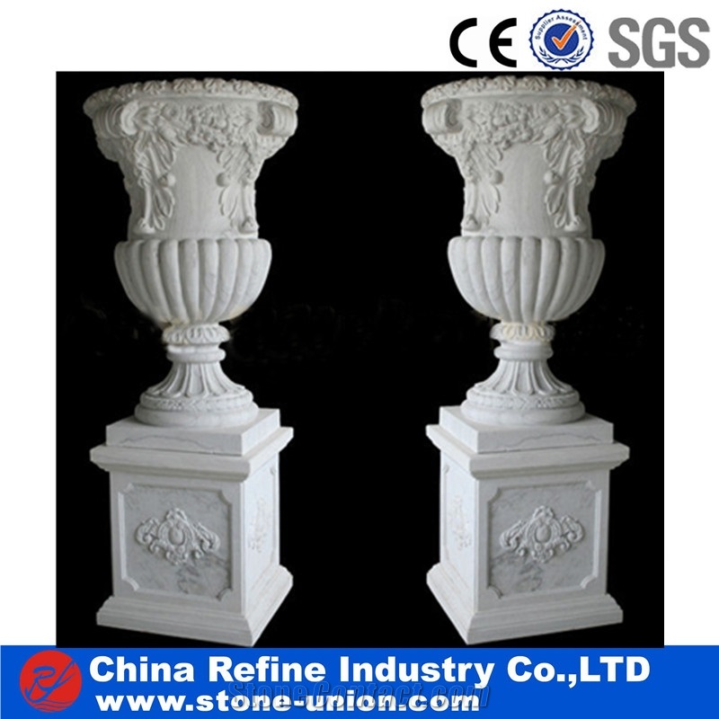 Hand Carved Garden Stone Planter Pot Sets,Outdoor Sculpture Flower Stand Exterior Vases