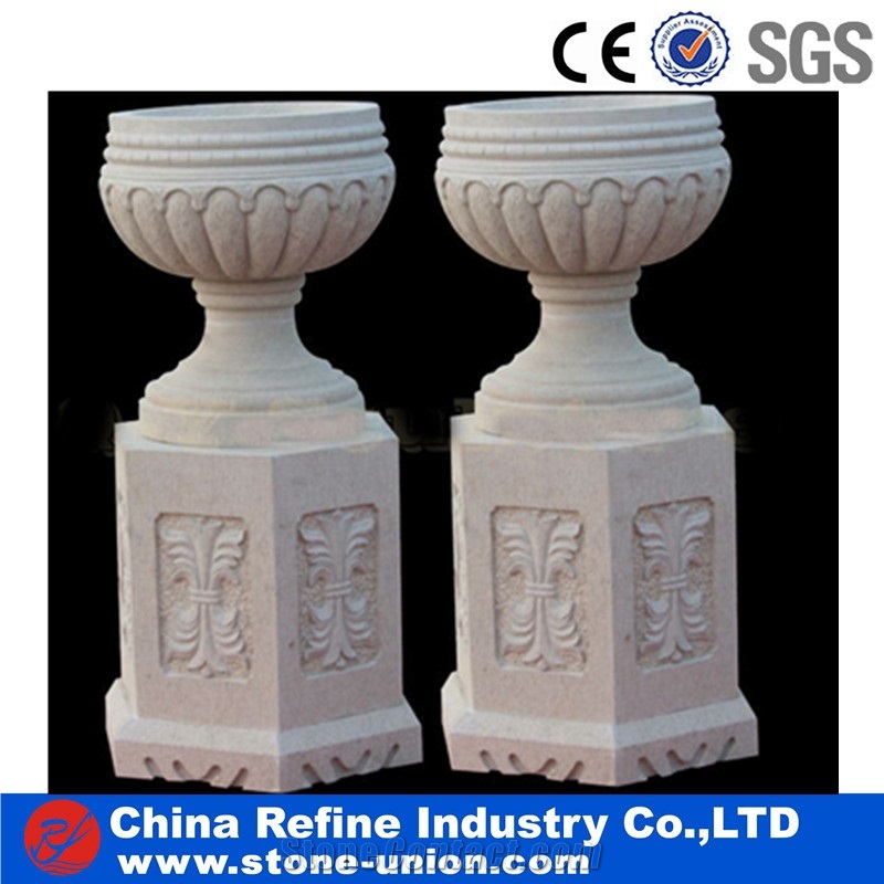 Hand Carved Garden Stone Planter Pot Sets,Outdoor Sculpture Flower Stand Exterior Vases