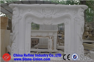 Indoor White Marble Carved Fireplace, White Marble Statue Decorated Fireplace Insert,Western Style Sculpture Decorative Fireplace
