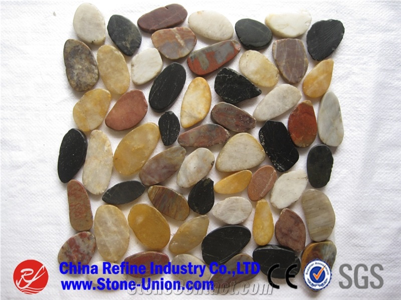 Pebble Tile Mosaic Pebble Beige Stone with Mesh,Pebble Mosaic for Bathroom&Kitchen/Interior Decoration