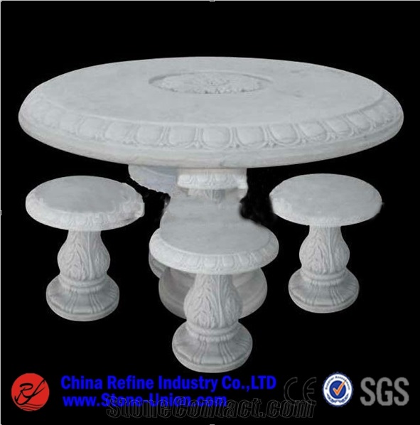 Round White Marble Table and Stools,Table Sets,Exterior Furniture,Garden Tables,Street Furniture