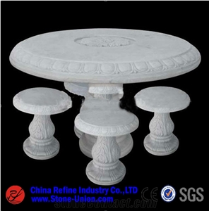 Round White Marble Table and Stools,Table Sets,Exterior Furniture,Garden Tables,Street Furniture
