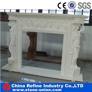 White Marble Fireplace With Human Statue Carving Sculptured