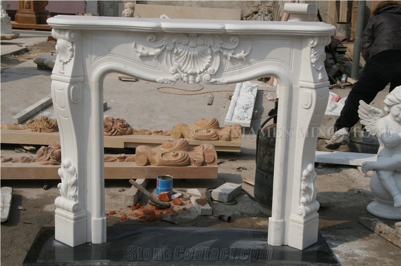 Western Style China Han White Pure White Marble Fireplace Mantel Sculptured Flower Carving Handcarved Fire Place Health