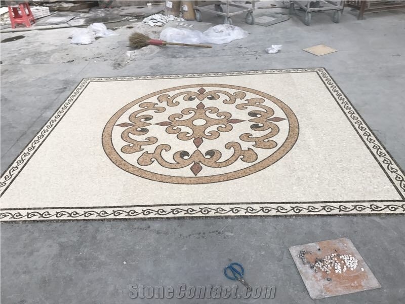 Cream Marfil Light Dark Emperador Mixed Marble Water Jet Bric Mosaic Medallion/Interior Decorated Floor Flower Pattern Paving/Hot Sale Lobby Hall
