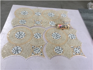 Cream Marfil, Light Emperador, White Marble Polished Basketweave Mosaic Designs, Water Jet Tiles for Wall Floor, Irreqular Patter Medallions Hand-Made