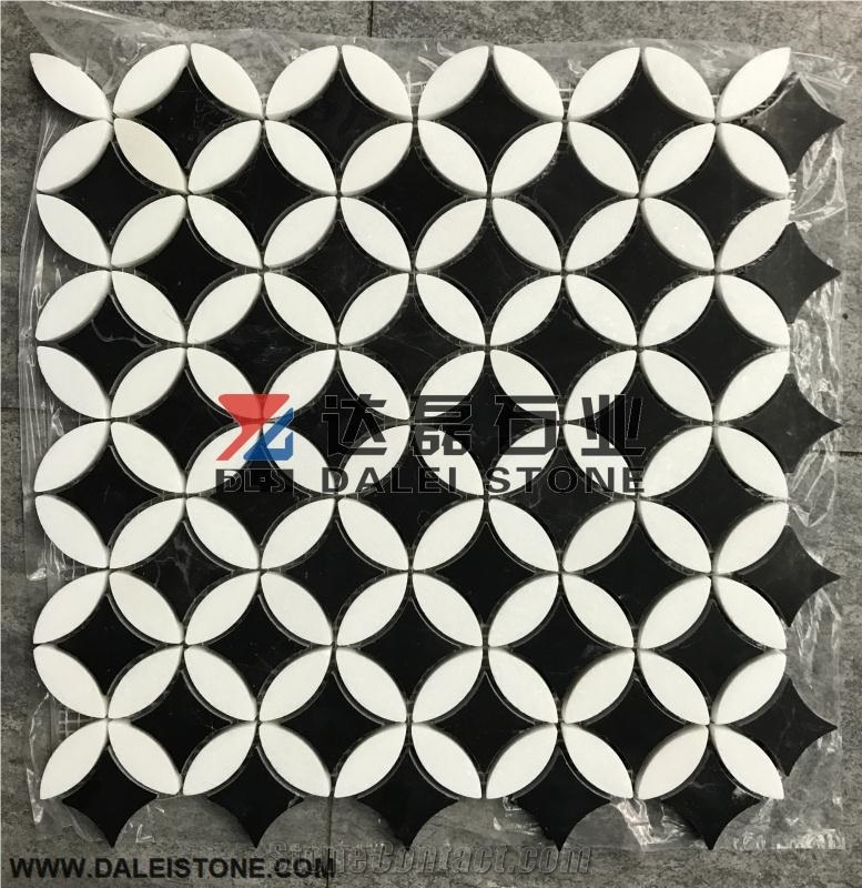 Crystal White China Black Nero Marquina Polished Marble Mosaic Pattern,Wall Floor Interior Decoration Customized Square Tile for Bathroom&Hotel