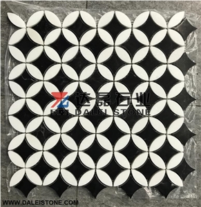Crystal White China Black Nero Marquina Polished Marble Mosaic Pattern,Wall Floor Interior Decoration Customized Square Tile for Bathroom&Hotel