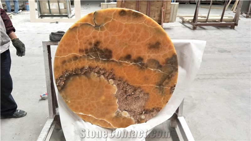 Led Light Transparent Natural Stone Brown Yellow Onyx Round Table Work Tops for Hotel& Villa&Restaurant Furniture Reception Desk Luxury Design Special