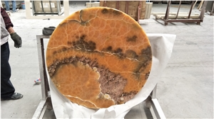 Led Light Transparent Natural Stone Brown Yellow Onyx Round Table Work Tops for Hotel& Villa&Restaurant Furniture Reception Desk Luxury Design Special
