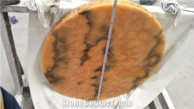 Led Light Transparent Natural Stone Brown Yellow Onyx Round Table Work Tops for Hotel& Villa&Restaurant Furniture Reception Desk Luxury Design Special