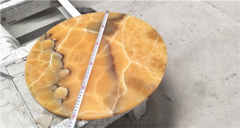 Led Light Transparent Natural Stone Brown Yellow Onyx Round Table Work Tops for Hotel& Villa&Restaurant Furniture Reception Desk Luxury Design Special