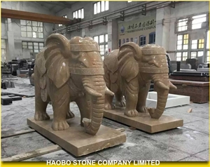 China Factory Yellow Marble Statue, Golden Net Marble Hand Carved Elephant Sculpture Outdoor Decoration, Large Animal Stautes