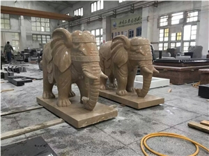 China Factory Yellow Marble Statue, Golden Net Marble Hand Carved Elephant Sculpture Outdoor Decoration, Large Animal Stautes