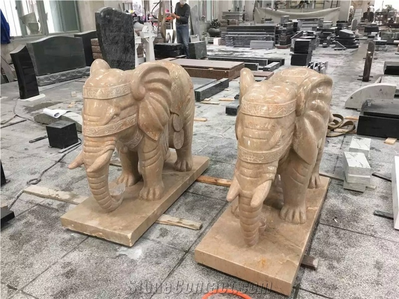 China Factory Yellow Marble Statue, Golden Net Marble Hand Carved Elephant Sculpture Outdoor Decoration, Large Animal Stautes