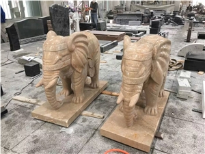 China Factory Yellow Marble Statue, Golden Net Marble Hand Carved Elephant Sculpture Outdoor Decoration, Large Animal Stautes