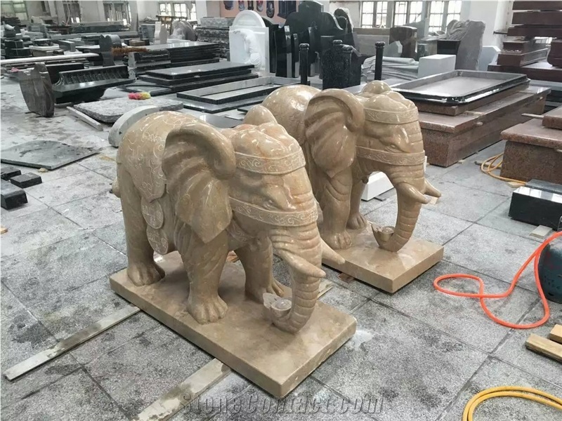 China Factory Yellow Marble Statue, Golden Net Marble Hand Carved Elephant Sculpture Outdoor Decoration, Large Animal Stautes