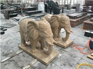 China Factory Yellow Marble Statue, Golden Net Marble Hand Carved Elephant Sculpture Outdoor Decoration, Large Animal Stautes