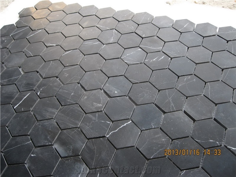 Polished Black Marble Hexagon Mosaic, Polished Nero Marble Hexagon Mosaic