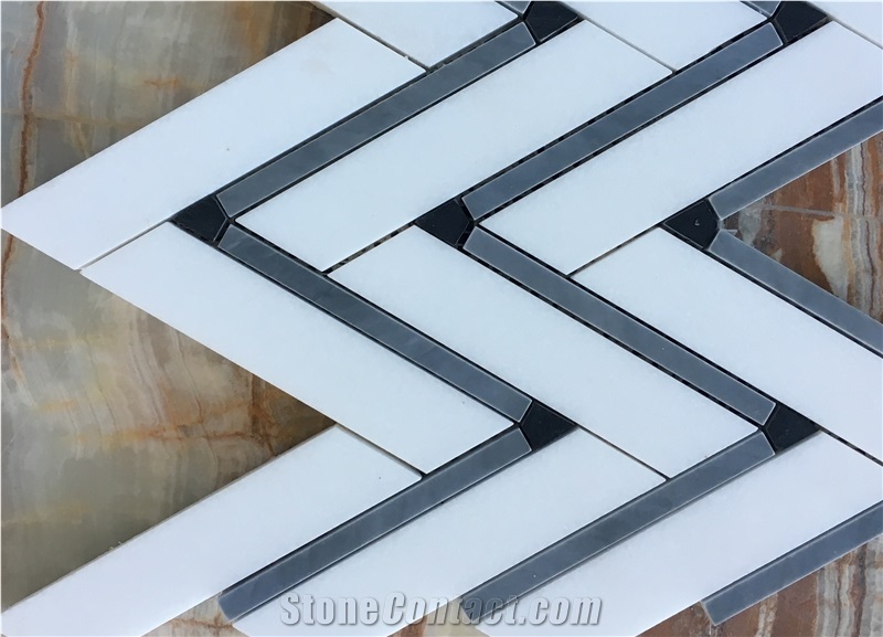 White Mixed Grey Wave Shape Mosaic Tiles Floor Wall Mosaic,White Oak, White Wood Vein, Athen Grey Marble, New Design Marble