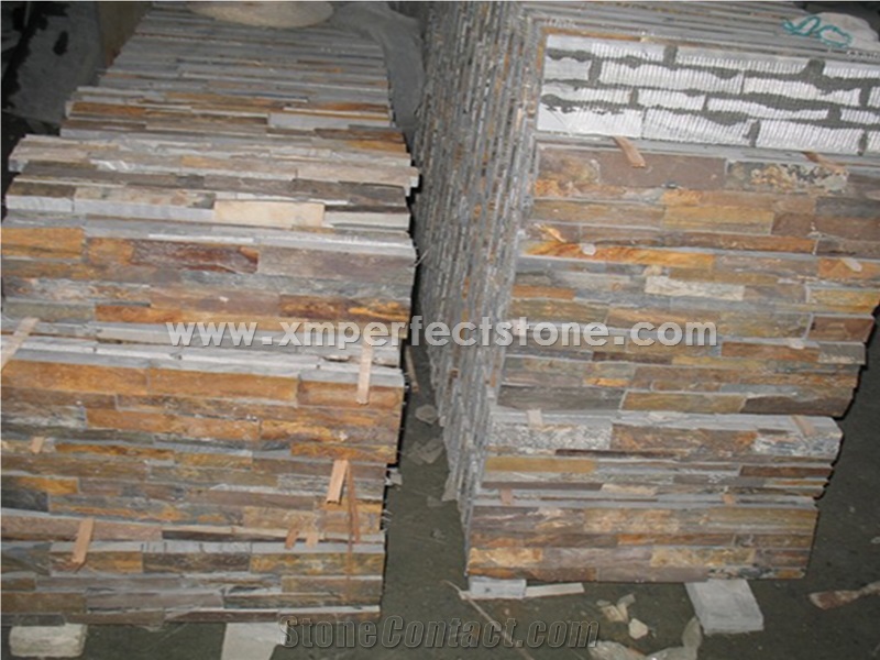 Slate Cultured Stone, Yellow Rusty Culture Stone, Brown Thin Stone Veneer, Hebei Natural Surface Stone for Indoor and Outdoor Decorate