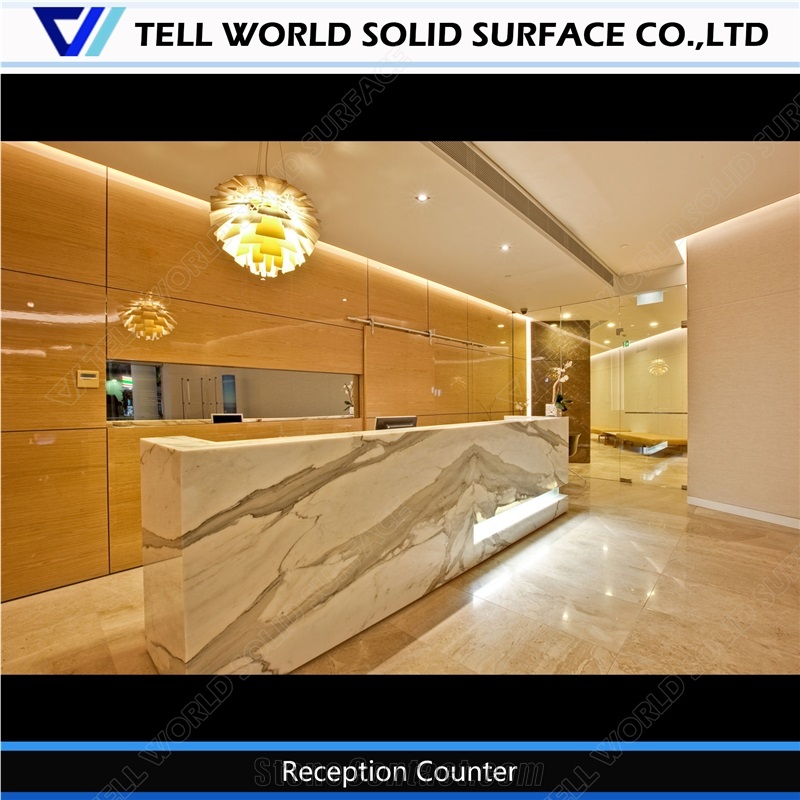 Acrylic Solid Surface New Design Beauty Lobby Reception Counter Office Front Standing Desk