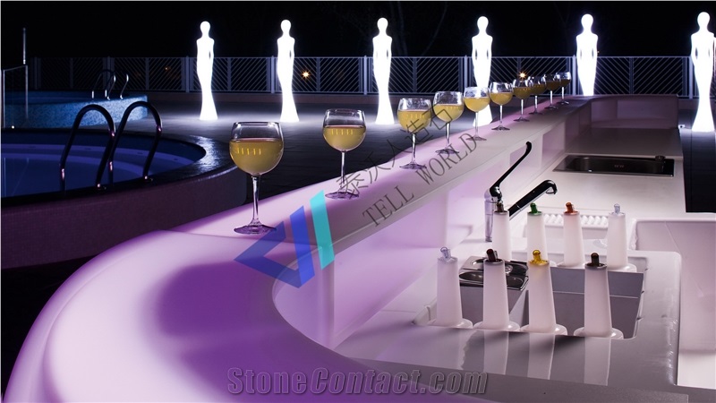 Acrylic Solid Surface Wooden Curved Cafe Bar Counter Led Bar Furniture