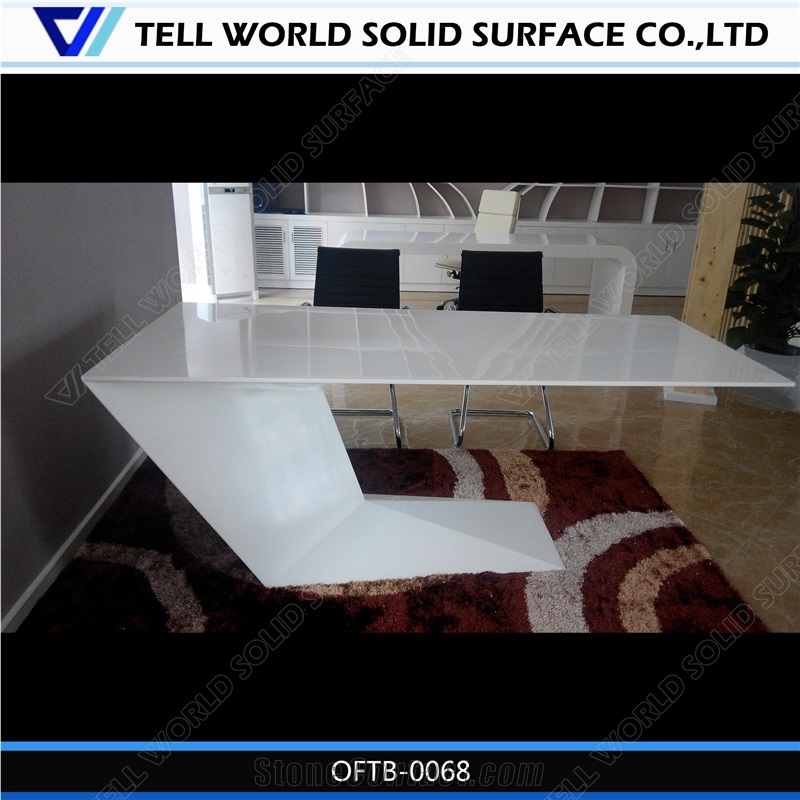 Acrylic Stone High Gloss White Color Zigzag Shape Working Desk