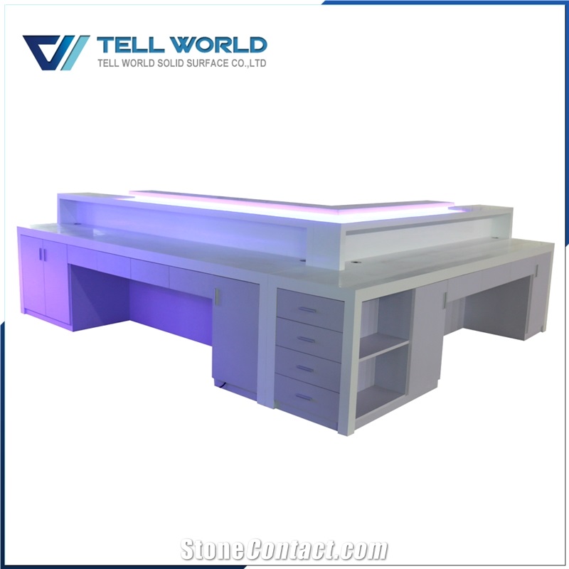 Luxury Engineered Stone White L Shaped Led Lighting Bar Counter Solid Surface Commercial Bar Top