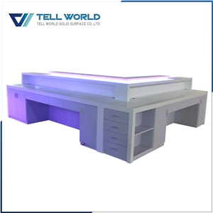 Luxury Engineered Stone White L Shaped Led Lighting Bar Counter Solid Surface Commercial Bar Top